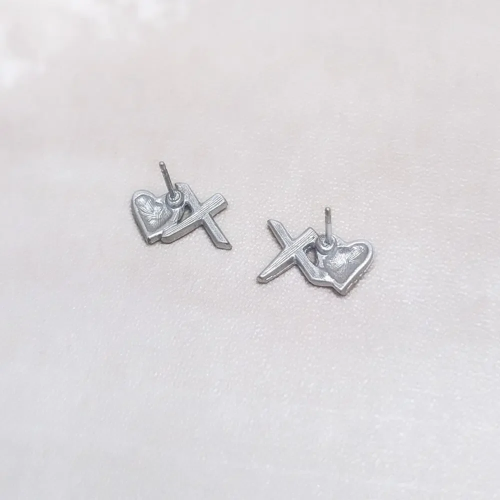 Kiss and Heart Stud Earrings Silver Tone